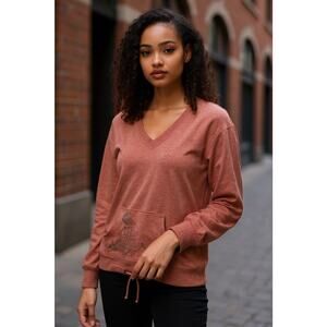 Life Is Good Womens Medium Orange Sweatshirt Top V-Neck Pullover Kangaroo Pocket